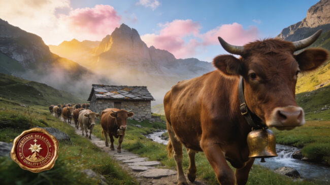 Transumanza estiva sugli alpeggi ticinesi — vacche con campanacci in bronzo sul sentiero verso l'alpe