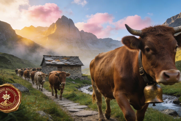 Transumanza estiva sugli alpeggi ticinesi — vacche con campanacci in bronzo sul sentiero verso l'alpe