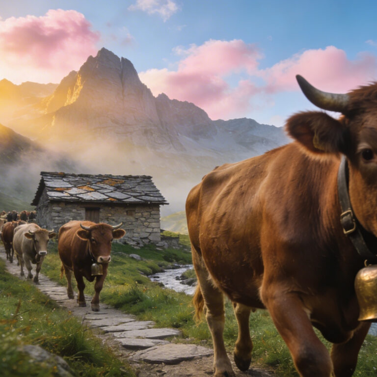 Transumanza estiva sugli alpeggi ticinesi — vacche con campanacci in bronzo sul sentiero verso l'alpe