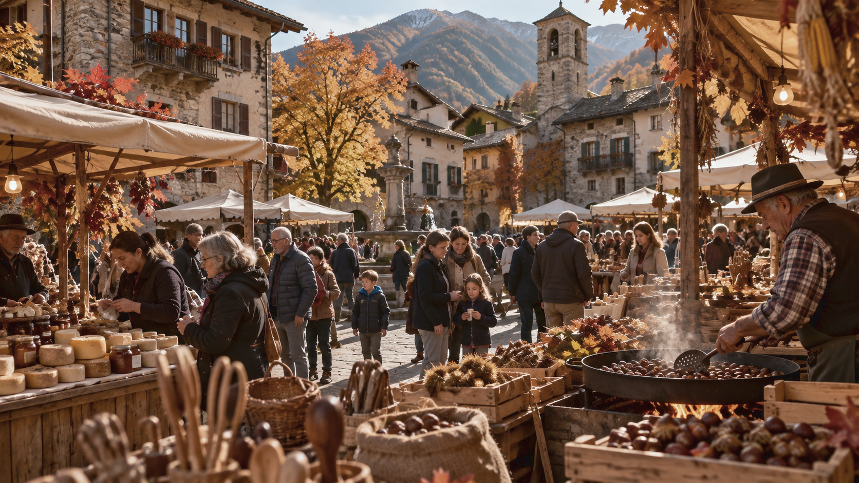 Tipico mercato de "Le Terre d'Autunno" in un borgo alpino